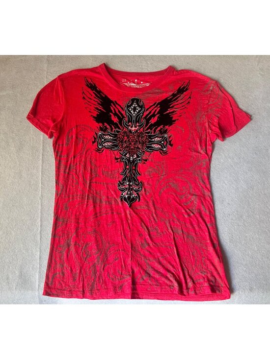 Panhandle Slim Tops - Panhandle Slim Rock & Roll Cowgirl T Shirt women’s XXL Red w/ Black Cross Bling